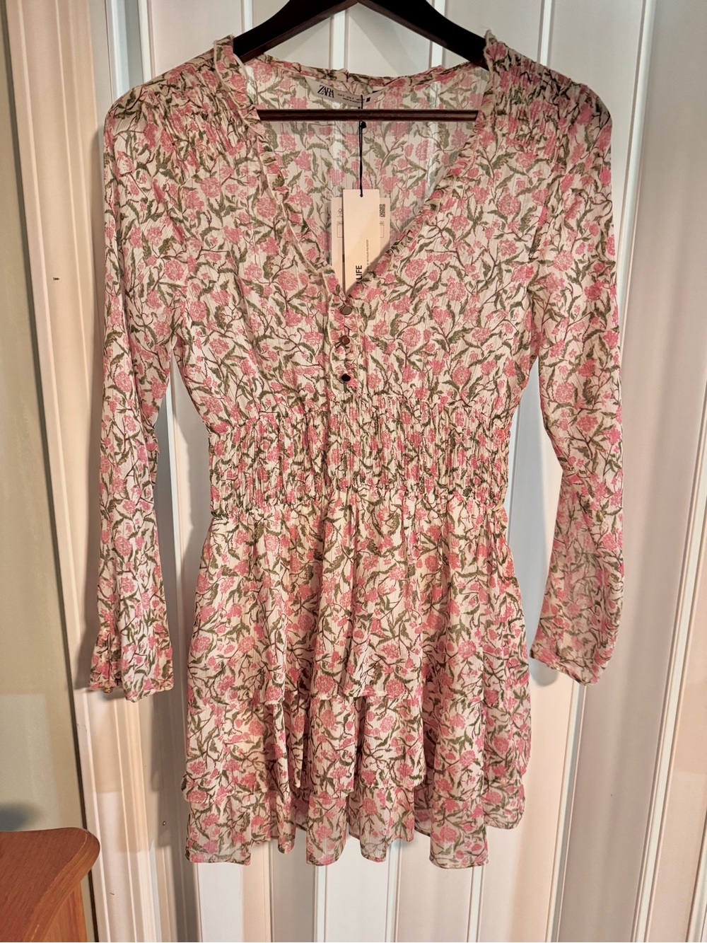 Zara Pink & Green Floral V-Neck Dress